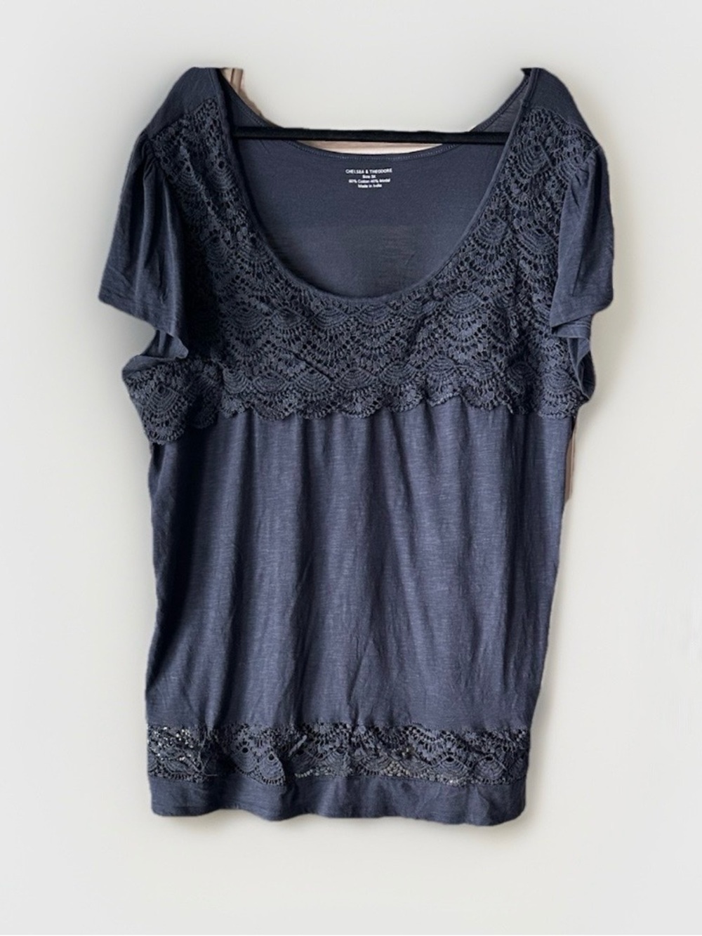 Chelsea & Theodore Gray Crochet Lace‎ Cotton Modal Top Plus Size 3X Short Sleeve